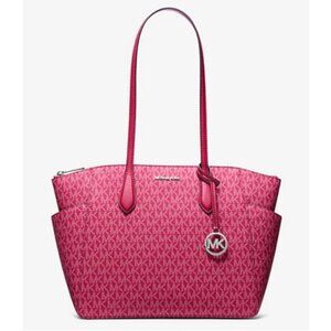 New Michael Kors Marilyn Medium Signature Logo Tote Bag Dark Raspberry Multi